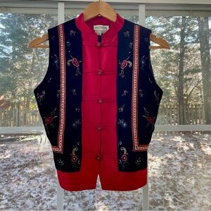 Ann Taylor Vest, black velvet with floral embroidery & mandarin collar
